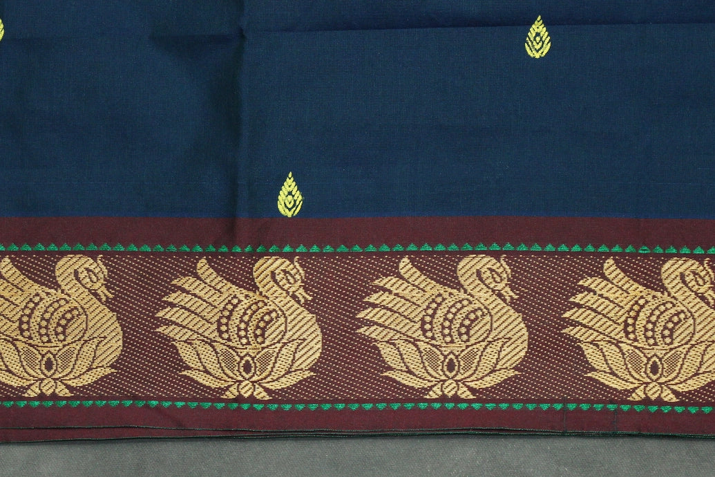 Navy Blue Poly Cotton Butta Saree with Gold-Coloured Thread Temple Border Saree JCS Fashions