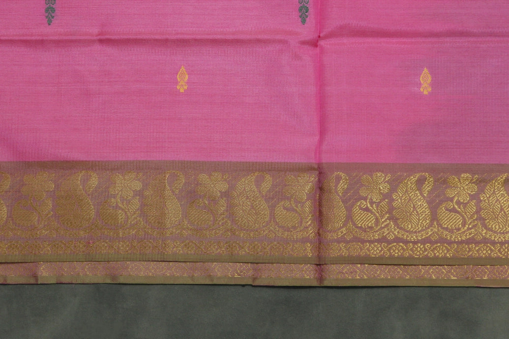 Pink & Light Green Vaazhai Naar (Banana Pith) Saree with Zari Border and Blouse Piece