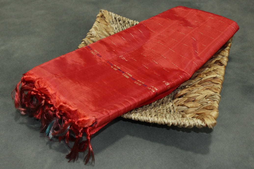 Red Vaazhai Naar (Banana Pith) Handwoven Saree with Small Butta, Borderless Traditional Saree