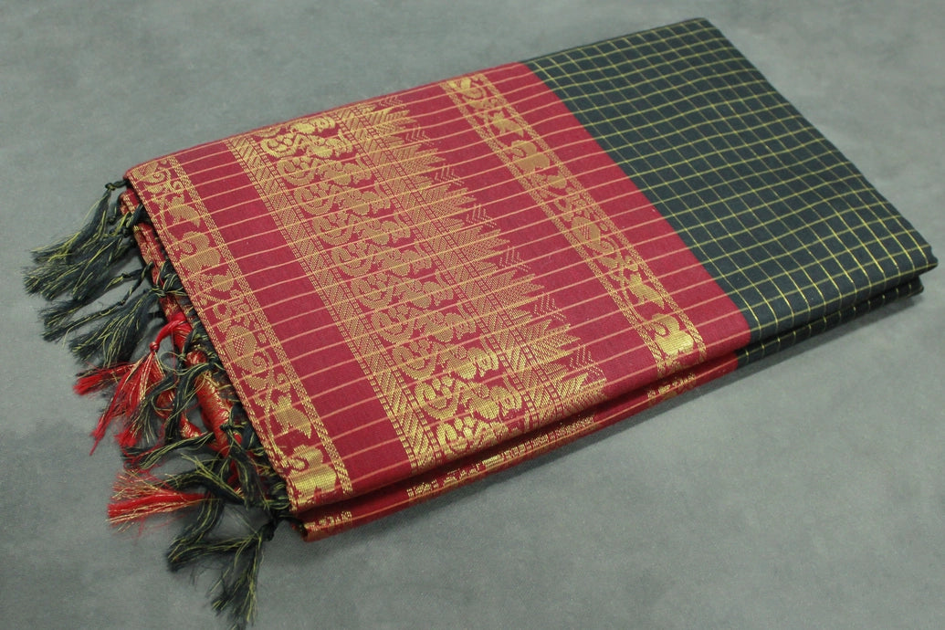 Black Kalyani Cotton Saree with Zari Checked and Peacock Border, Includes Blouse