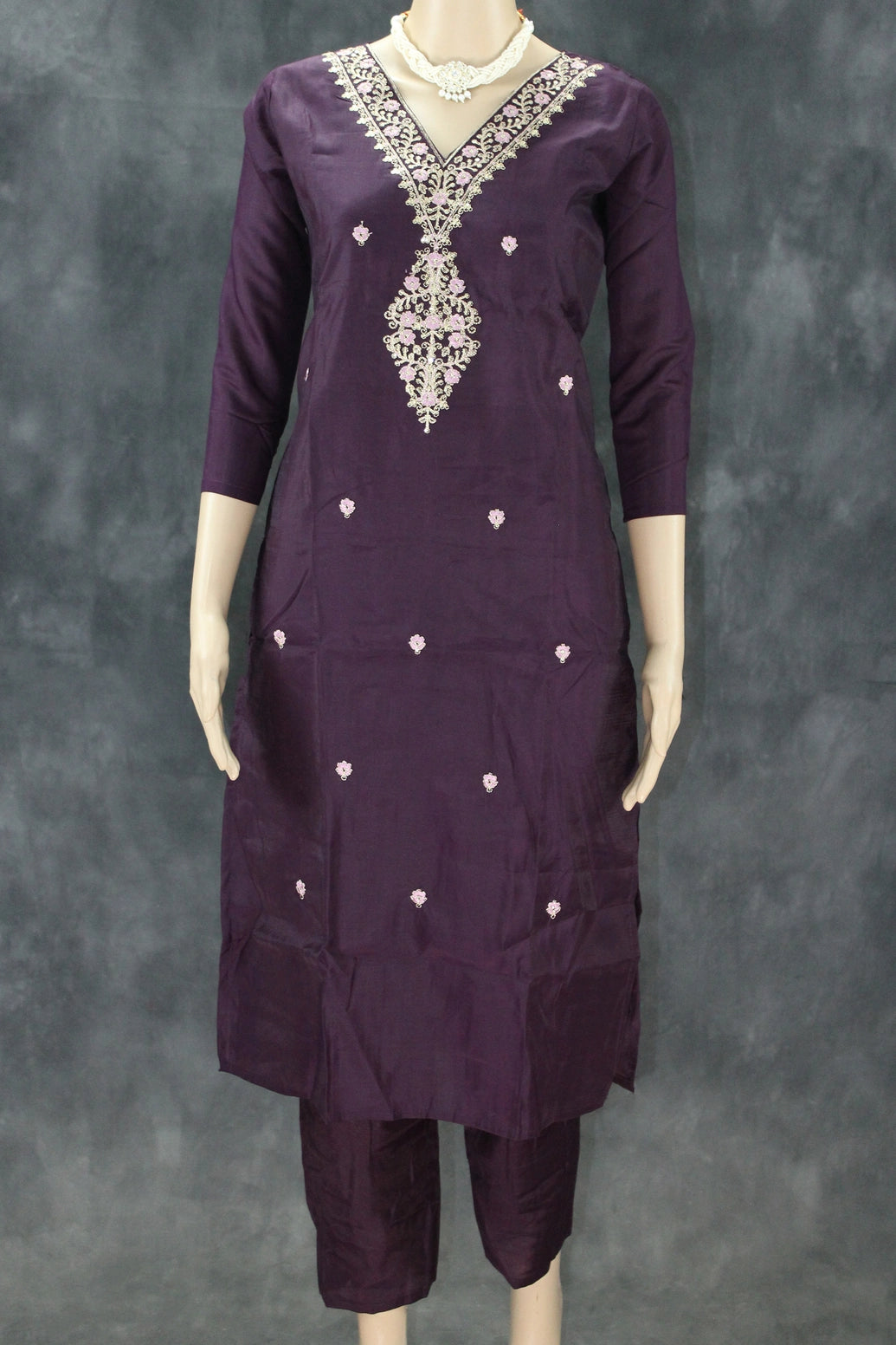 Roman Silk Wine Embroidered 3-Piece Kurta Set with Printed Digital Dupatta and Sequin Zari Handwork Kurti JCS Fashions