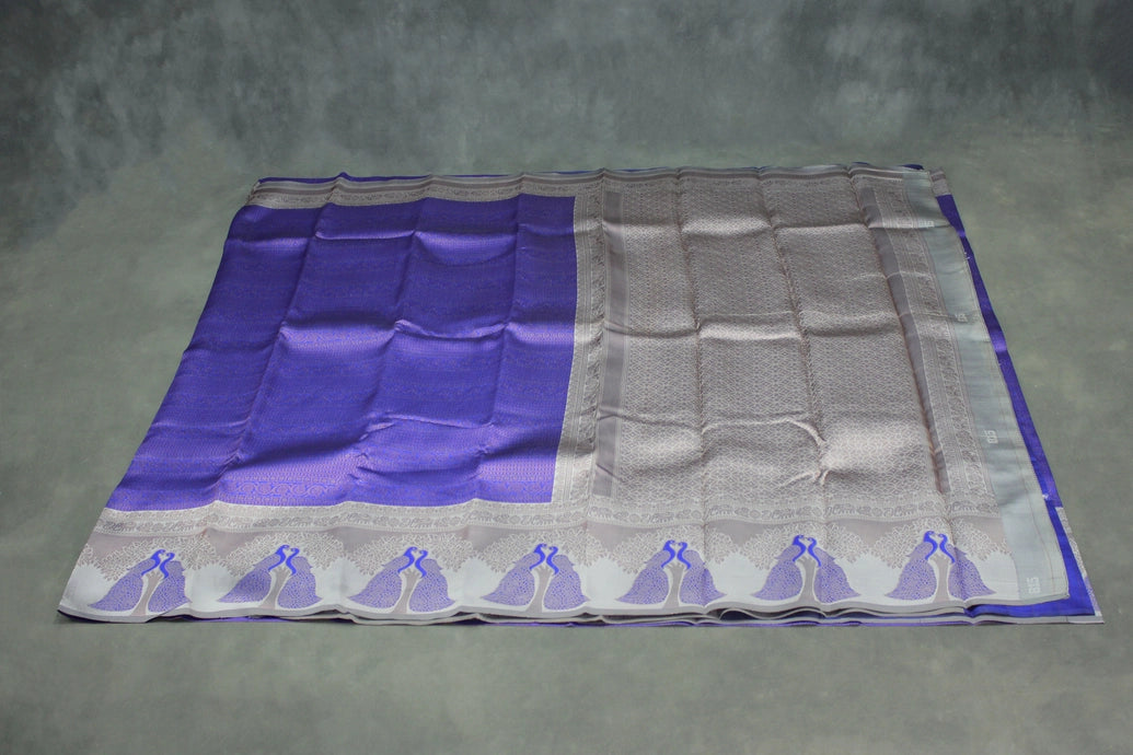 Blue & Cream Kubera Pattu Silk Saree with Peacock Border, Comes with Blouse