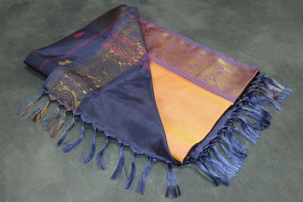 Vaazhai Naar (Banana Pith) Saree in Navy Blue and Orange with Zari Design Border, Full-Body Buttas and Blouse Piece