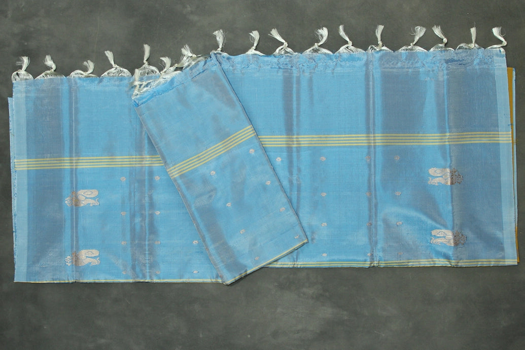 Blue Vaazhai Naar (Banana Pith) Borderless Saree with Small Butta and Gold Pallu