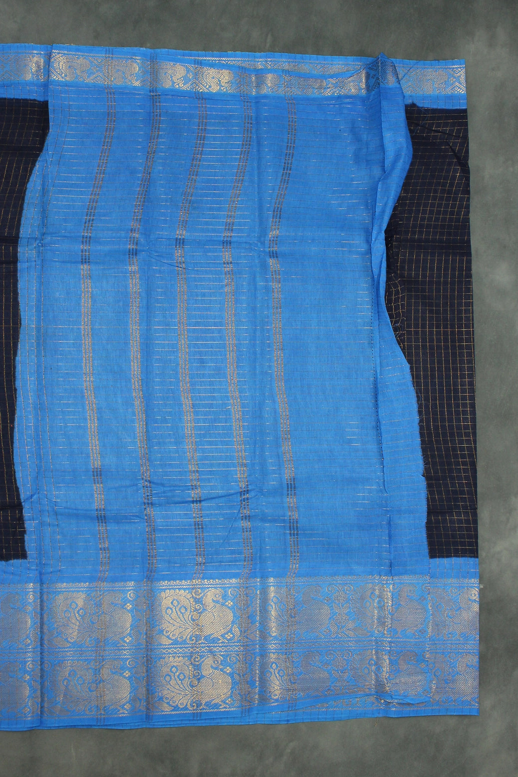 Pure Sungudi Cotton Navy Blue Checked Saree with Contrasting Blue Pallu & Peacock Gold Zari Double Border Saree JCS Fashions