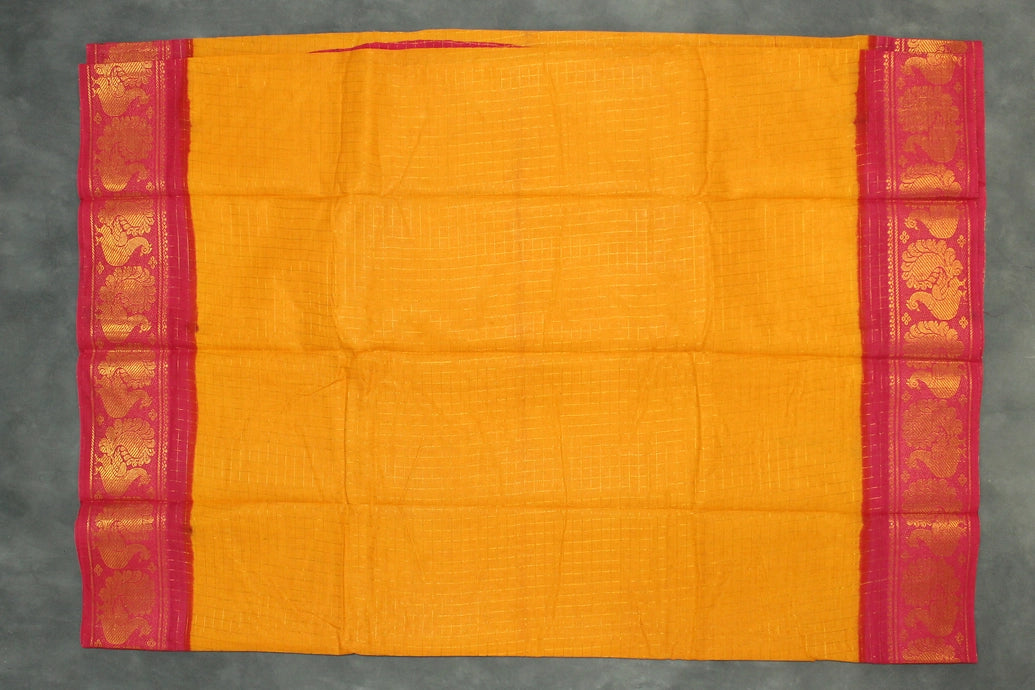 Sungudi Cotton Checked Saree in Yellow with Peacock Gold-Tone Zari Double Border Saree JCS Fashions