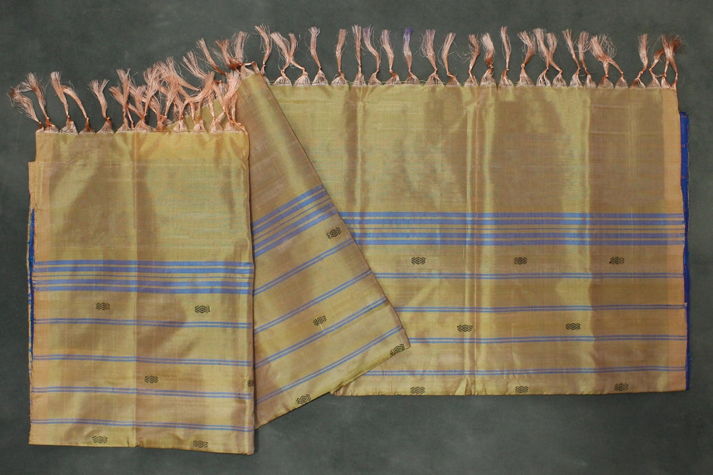 Peach Banana Pith (Vaazhai Naar) Borderless Saree with Subtle Butta and Blue Stripe Detailing for Traditional Wear