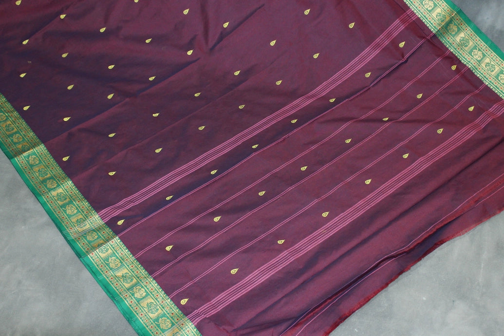 Dark Purple Poly Cotton Butta Saree with Green Threaded Border Saree JCS Fashions