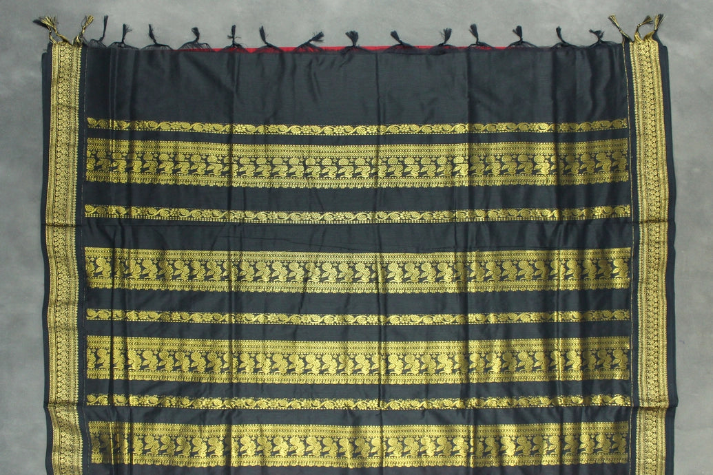 Kalyani Dark Red Cotton Saree with Black Golden Zari Border and Putta Motifs - Blouse Included Saree JCS Fashions