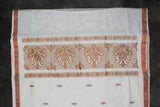 Pure Kerala Cotton White Saree with Copper Zari Peacock & Leaf Embroidery