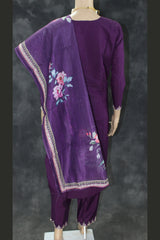 Dark Purple Roman Silk Kurti Pant Set with Organza Dupatta, Sequins Zari Work, V-Neck & Elastic Pant