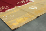 Maroon Sungudi Cotton Bandhani Saree with Golden Zari Border and Traditional Instrument Motifs, Unstitched Blouse Included Saree JCS Fashions