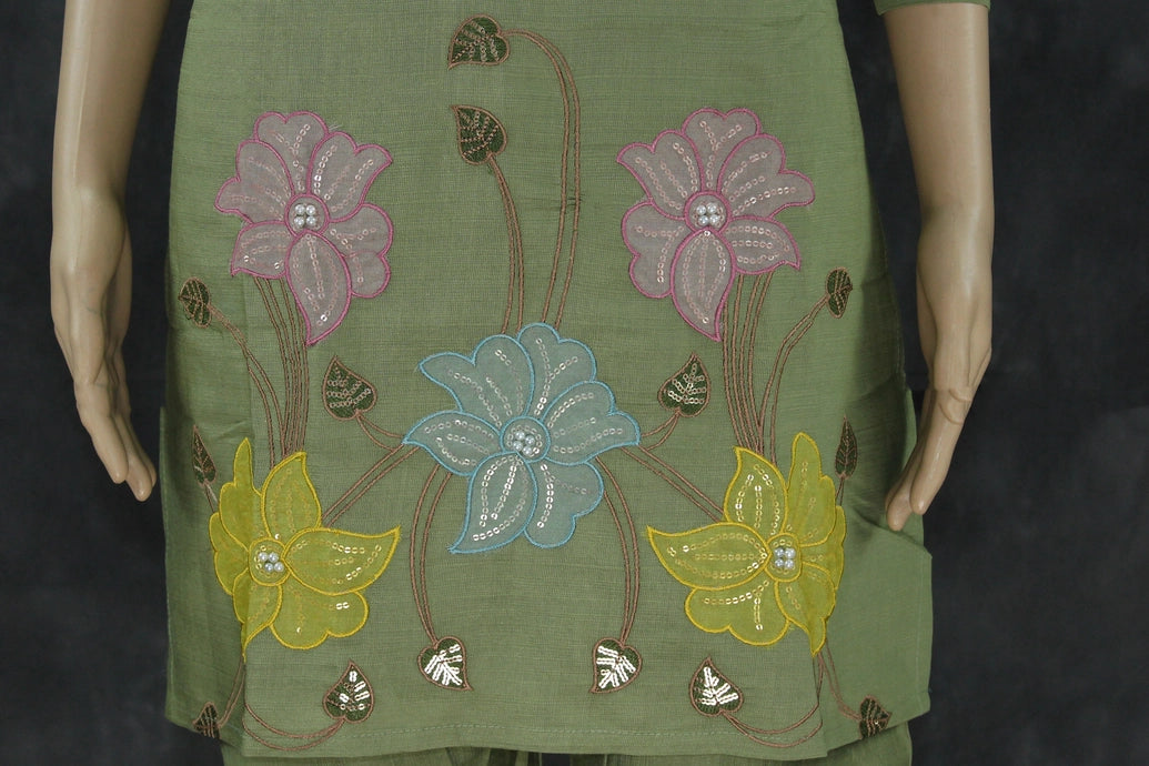 Olive Green Embroidered Cotton Kurti Set with Elastic Pant - V-Neck, Bead & Aari Work Kurti JCS Fashions