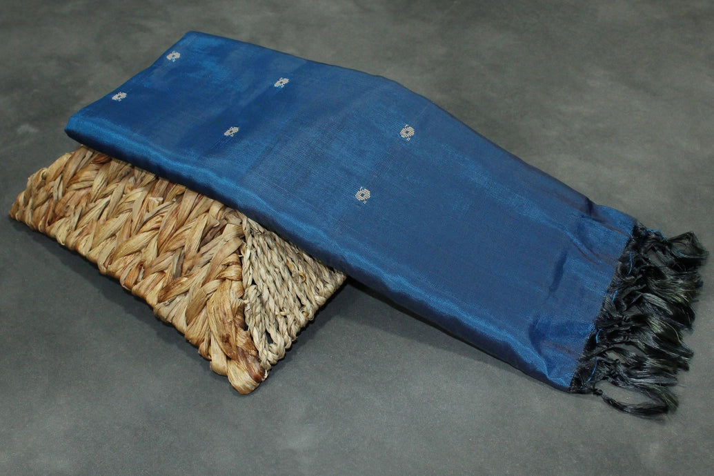 Peacock Blue & Grey Vaazhai Naar (Banana Pith) Borderless Saree with Small Butta