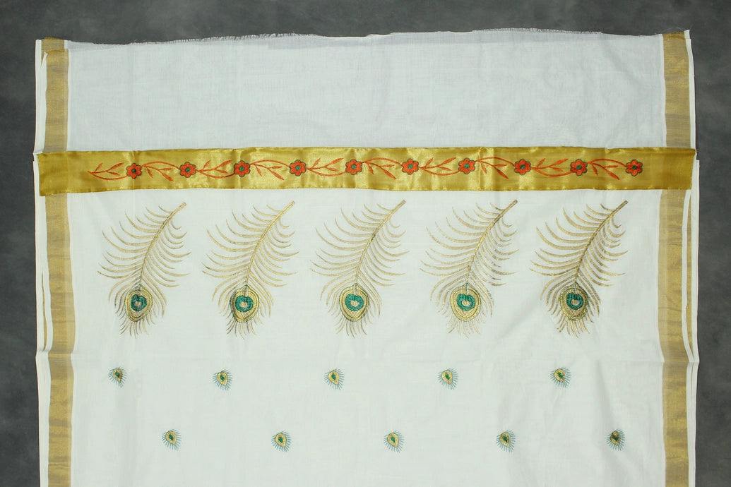 Pure Kerala Cotton White Saree with Gold-Tone Peacock Zari Embroidery and Blouse Piece