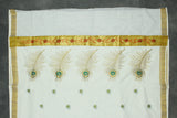 Pure Kerala Cotton White Saree with Gold-Tone Peacock Zari Embroidery and Blouse Piece