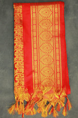 Red Zari Pattu Shawl Ponnadai for Events, Arangetram and Functions, Traditional Gold-Pattern Stole