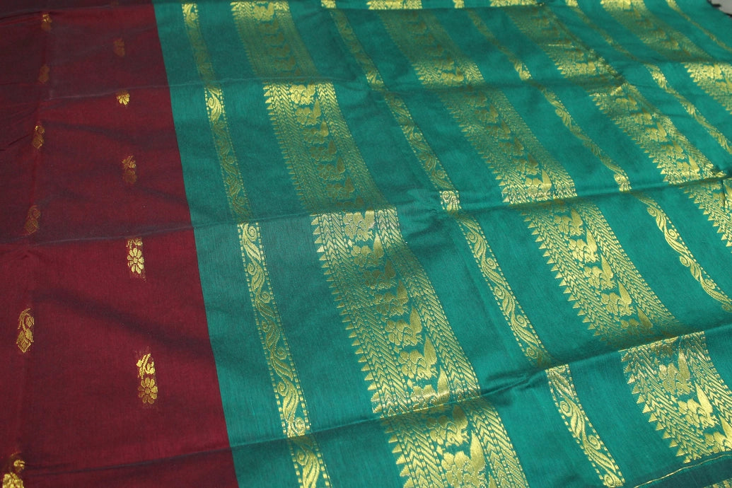 Maroon and Green Silk Cotton Saree with Thick Zari Border and Grand Pallu Saree JCS Fashions