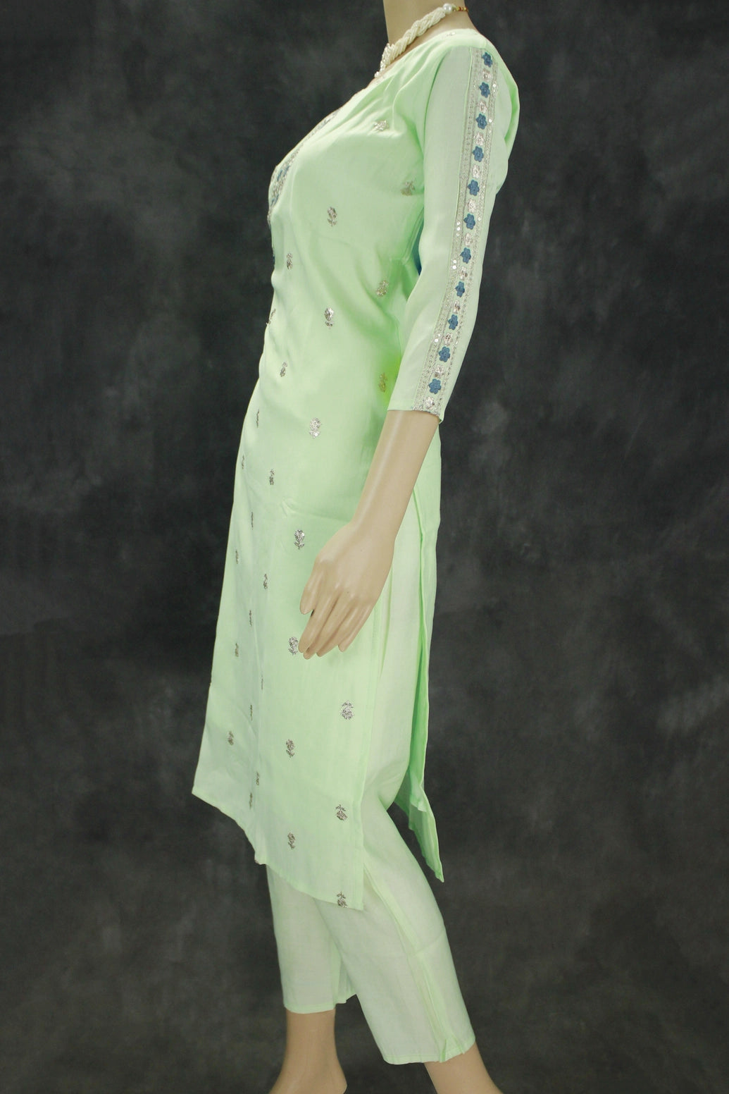 Light Green Cotton 3-Piece Embroidered Suit with Chiffon Dupatta and Sequin Details