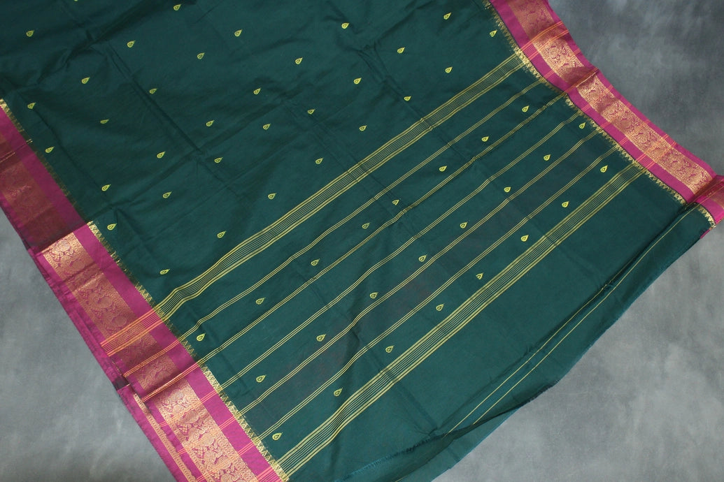 Dark Green Poly Cotton Butta Saree with Maroon Zari Border Saree JCS Fashions