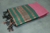 Onion Pink Cotton Kalyani Saree with Zari Checked Border and Zari Peacock Border, Blouse Included