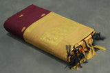 Maroon Kalyani Cotton Saree with Puttah Design and Zari Border, Includes Blouse