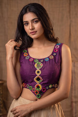 Mirror-Work Navratri Sleeveless Blouse with Pearl Bead Mirror Clusters and Diamond Motifs