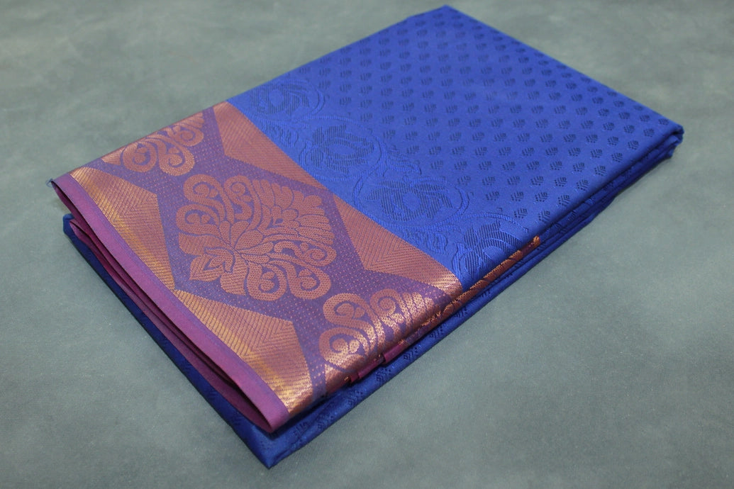 Navy Blue Emboss Silk Saree with Semi Silk Border and Floral Geometric Design