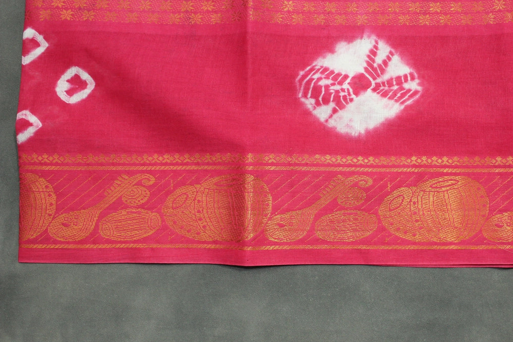 Navy Blue & Pink Sungudi Cotton Bandhani Saree with Golden Zari Border and Instrument Motifs Saree JCS Fashions