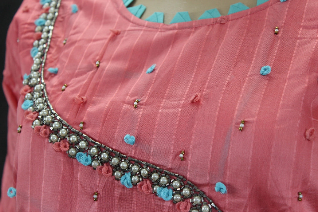 Pink Silk-Cotton Embellished Kurti Set with Pearl Beads, Aari & Thread Work - Top with Elastic Pant Kurti JCS Fashions