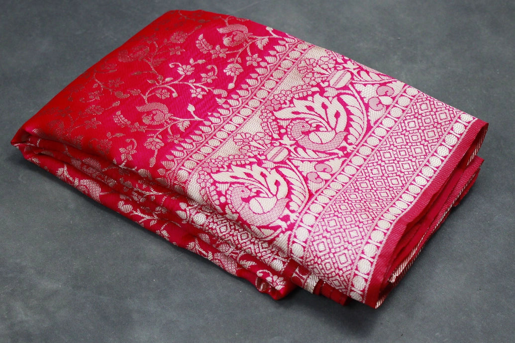 Orange Banarasi Satin Saree with Floral Woven Embroidered Print and Blouse