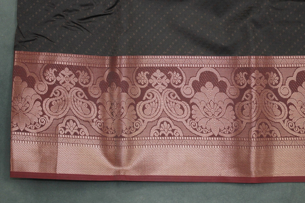 Dark Brown Emboss Silk Saree with Semi Silk Design Border and Contrast Finish