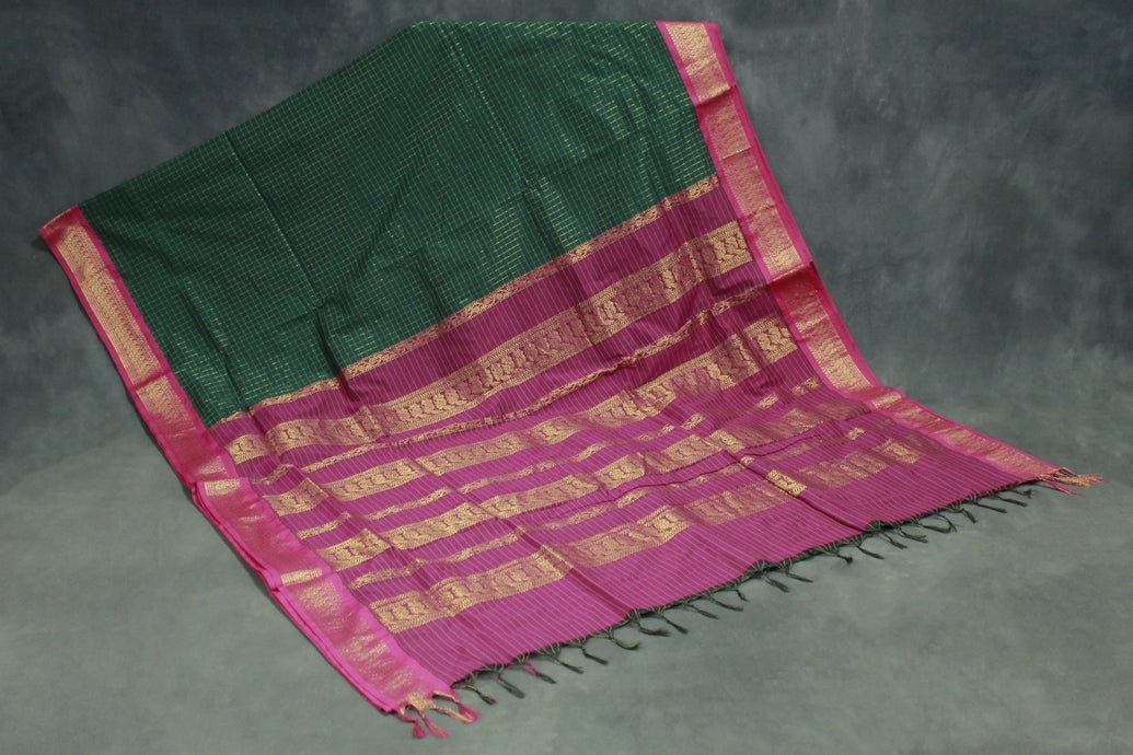 Dark Green Kalyani Cotton Saree with Zari Checked and Peacock Border and Blouse