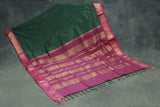 Dark Green Kalyani Cotton Saree with Zari Checked and Peacock Border and Blouse