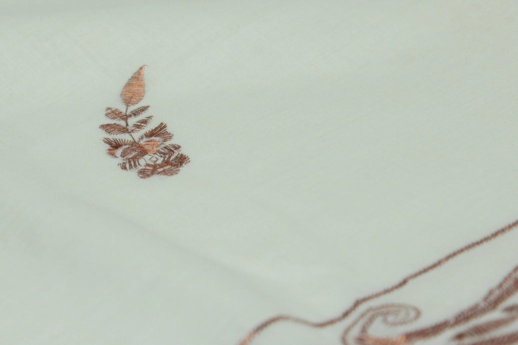 Pure Kerala Cotton Saree with Copper Zari Peacock & Leaf Embroidery, White Body with Traditional Border