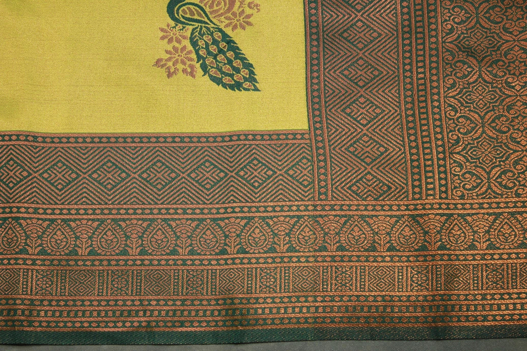 Mustard Kubera Pattu Saree with Big Zari Border and Peacock Motif, Semi Silk Saree with Blouse