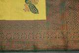 Mustard Kubera Pattu Saree with Big Zari Border and Peacock Motif, Semi Silk Saree with Blouse