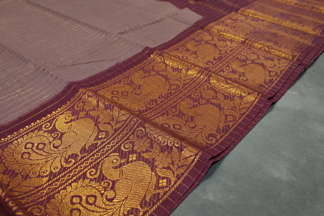 Chocolate Brown Sungudi Cotton Saree with Checked Body and Rich Peacock Gold Zari Double Border - Traditional Festive Wear