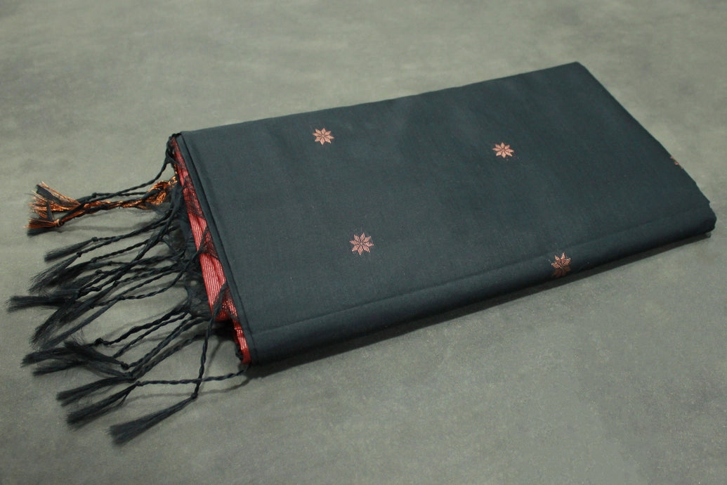 Black Maheswari Silk Cotton Saree with Small Butta and Zari Border, Blouse Piece Included