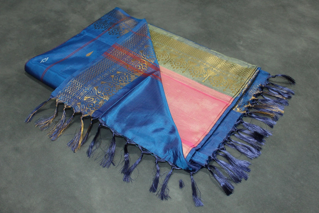 Blue Vaazhai Naar (Banana Pith) Saree with Zari Design Border, Small Butta and Blouse Piece