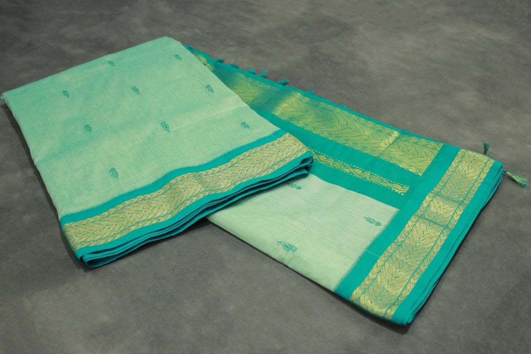 Mint Blue Kalyani Cotton Saree with Puttas and Zari Border & Blouse