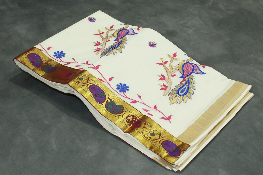 Pure Kerala Cotton White Saree with Embroidered Peacock Pallu and Gold Zari Border