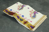 Pure Kerala Cotton White Saree with Embroidered Peacock Pallu and Gold Zari Border