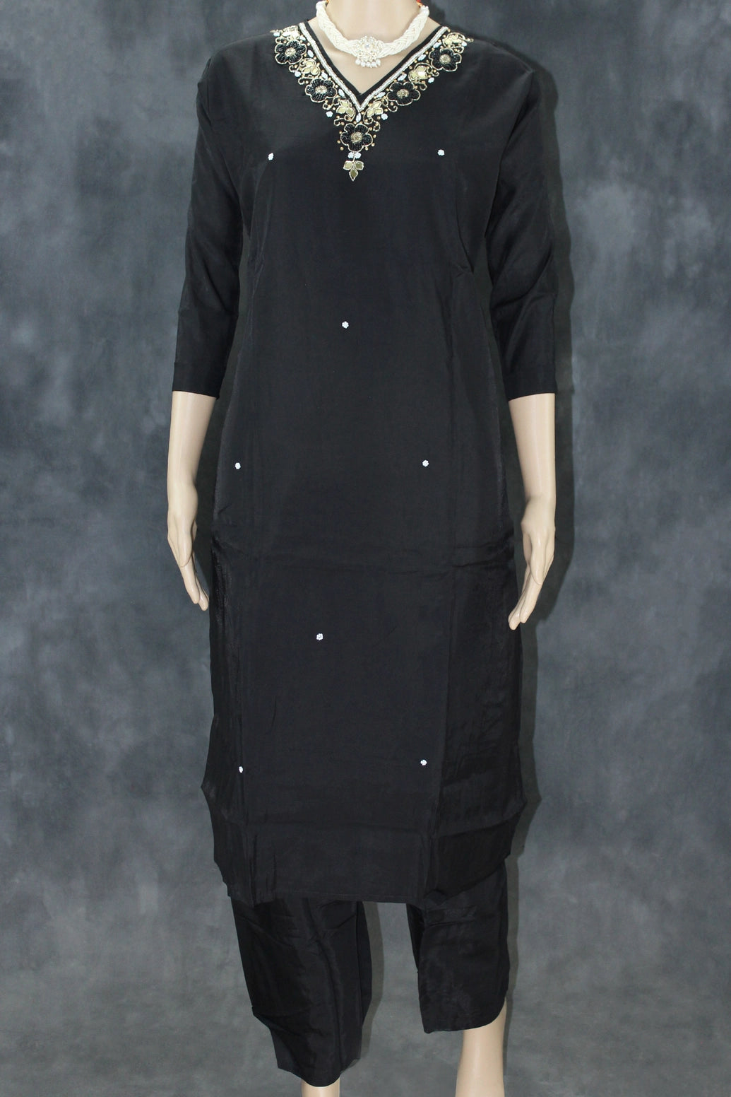 Black Silk 3-Piece Pakistani Salwar Suit with Embroidered V-Neck and Organza Dupatta