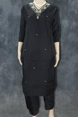 Black Silk 3-Piece Pakistani Salwar Suit with Embroidered V-Neck and Organza Dupatta