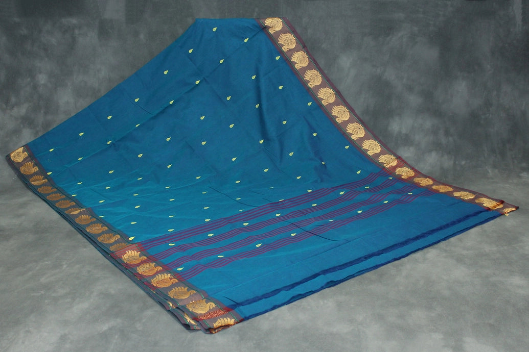Rama Blue Poly Cotton Butta Saree with Gold-Colour Swan Thread Border - Traditional Indian Saree Saree JCS Fashions