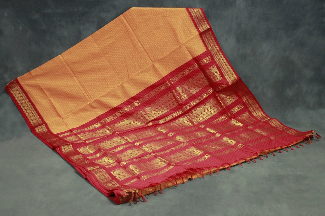 Orange Kalyani Cotton Saree with Zari Checked and Peacock Border and Blouse