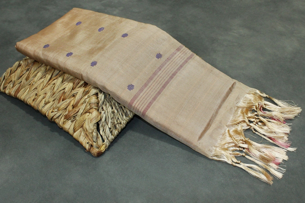 Handwoven Vaazhai Naar Banana Pith Saree in Brown with Small Purple Butta Motifs, Borderless Traditional Weave