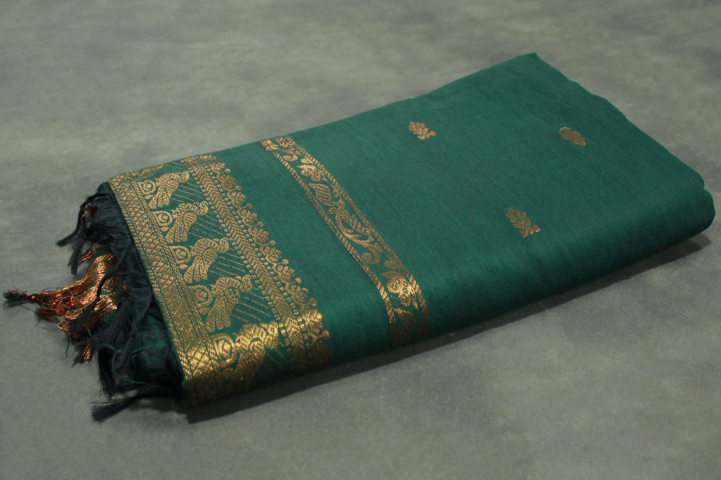 Green Kalyani Cotton Saree with Putta Design and Zari Border, Includes Blouse
