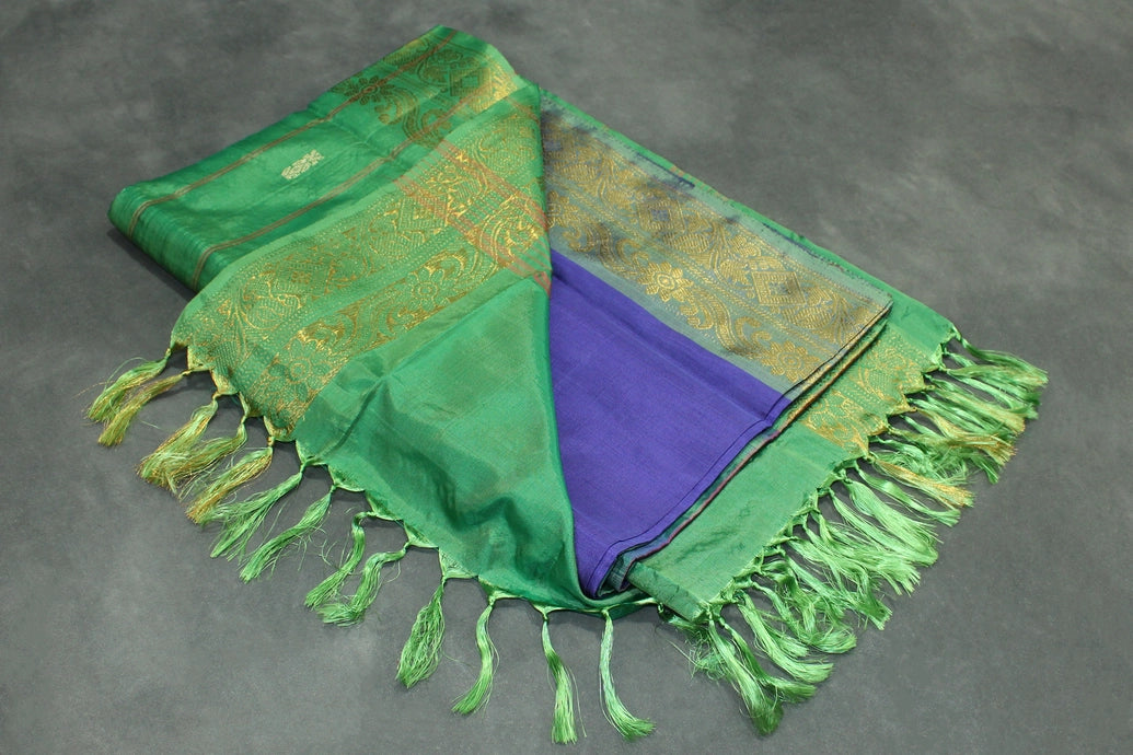 Purple & Green Banana Pith (Vaazhai Naar) Saree with Zari Border and All-over Butta